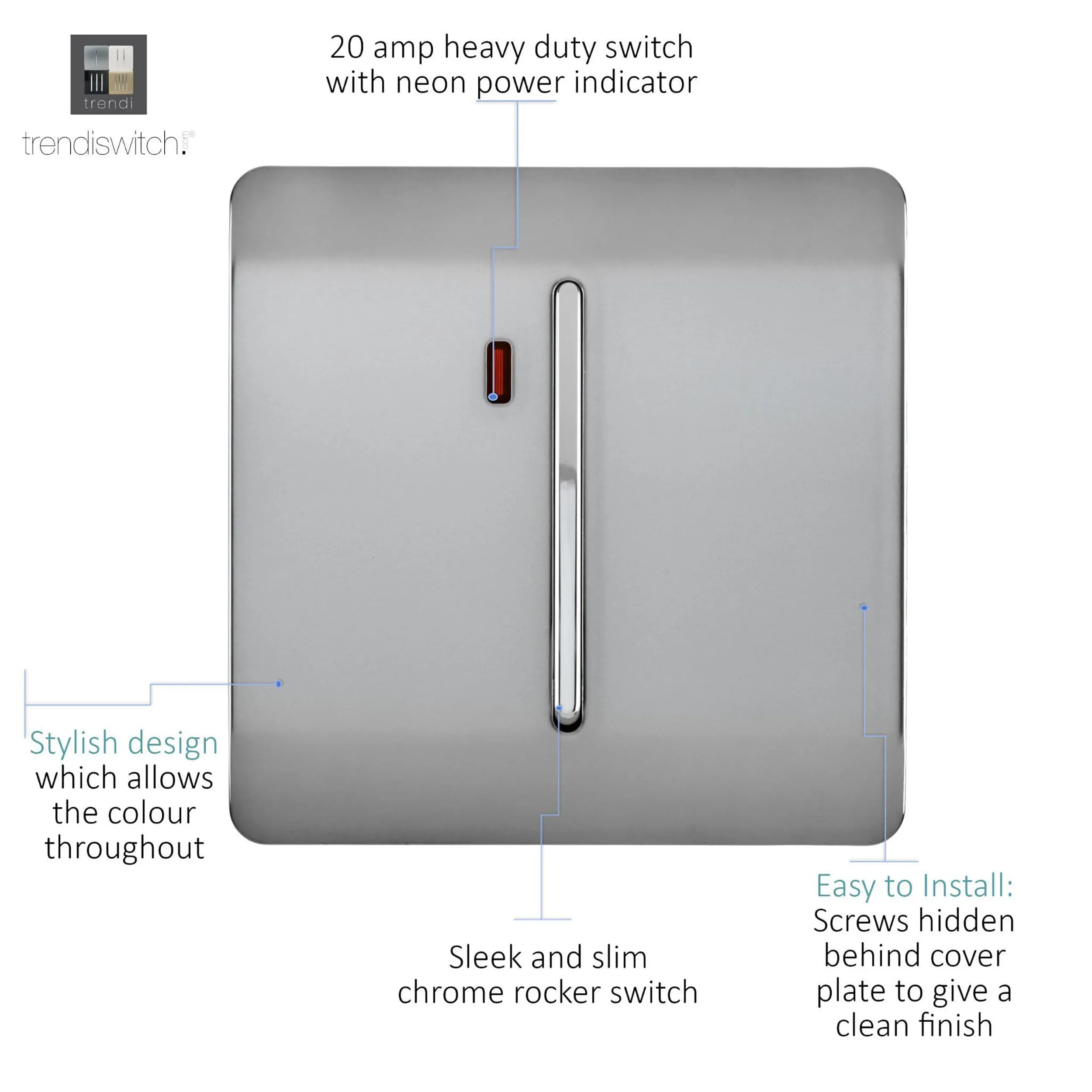 20 Amp Neon Insert Double Pole Switch Brushed Steel ART-WHS1BS  Trendi Brushed Steel